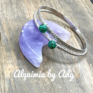 Silver statement tennis bangle set/ jeweled Malachite cowgirl colorful